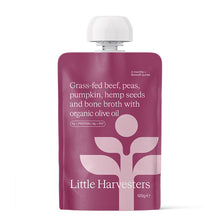 Load image into Gallery viewer, Little Harvesters - Puree Pouch - Grass fed beef, peas, pumpkin, hemp seeds and bone broth with organic olive oil 120g from 6 months (box of 6)

