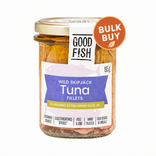 Load image into Gallery viewer, Bulk Buy - Good Fish Skipjack Tuna in Extra Virgin Olive Oil 195g jar x12 with orange bulk buy badge
