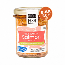 Load image into Gallery viewer, Good Fish Alaskan Salmon in Extra Virgin Olive Oil 195gm jar with bulk buy badge
