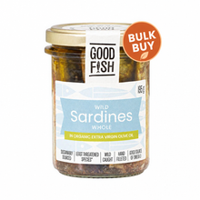 Load image into Gallery viewer, Good Fish Sardines in Extra Virgin Olive Oil 195gm jar with bulk buy badge
